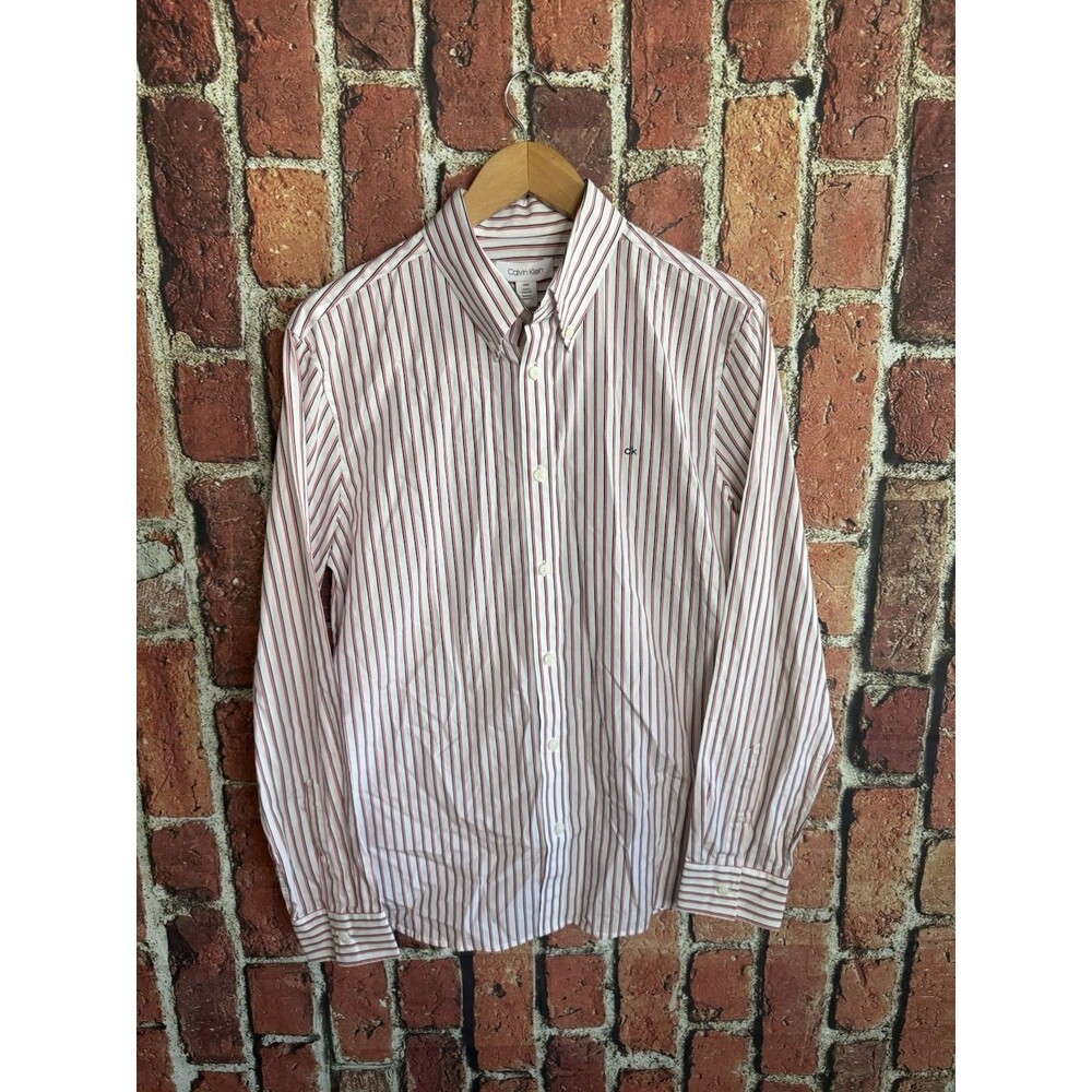 Calvin Klein Mens Red Striped Long Sleeve Button Up Shirt Size Medium Cotton NWT